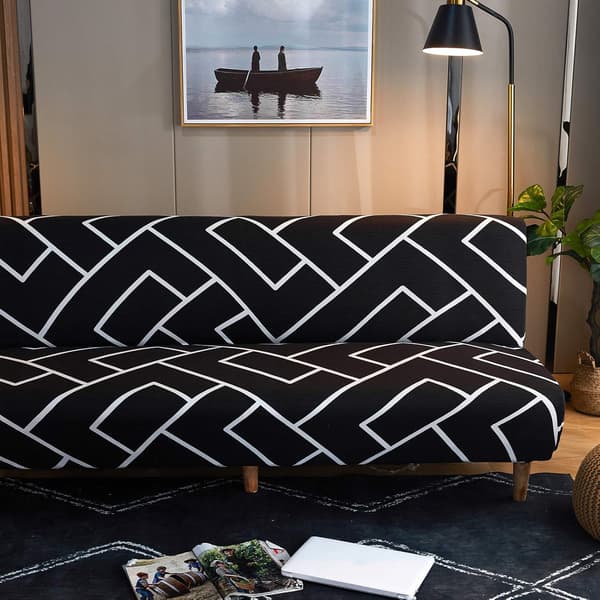Ärmlöst sofföverdrag Futon Överdrag Stretch Tryckt Elastiskt Fällbart Bäddsofföverdrag Armlöst Soffmöbelskydd Tvättbart Överdrag (Svart Vit)