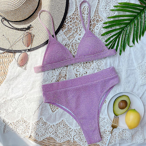 Dam Bikinisätt med Hög Midja Push Up, Baddräkt, Strandkläder Purple L