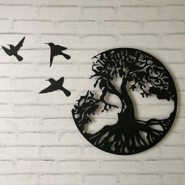 Livets träd metallväggkonst med fåglar svart dekoration - 28CM/11.02in Livets träd väggdekor Modern metallväggkonstskylt​Fami