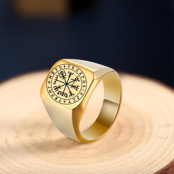 Män Ring Rune Carving Titanium Stål Punk Kvadratisk Finger Ring Födelsedagspresent Golden US 11