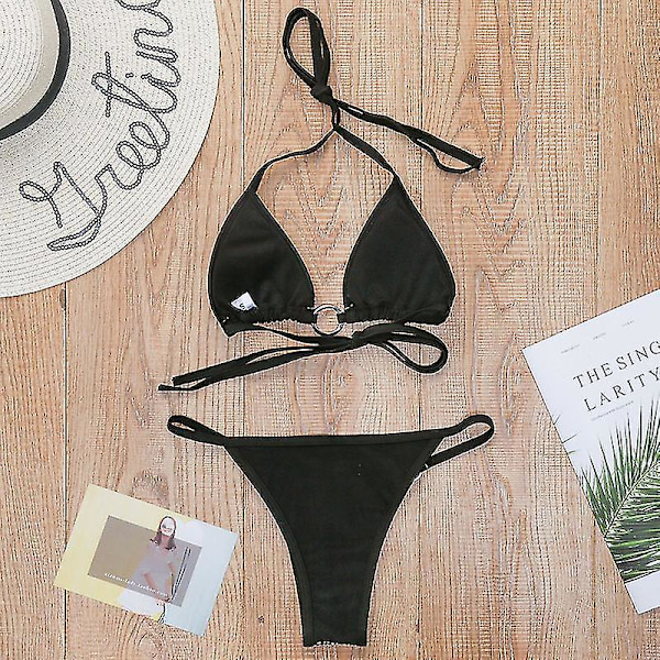 Sexig kvinnobikini med strass och push-up, set med bh, badkläder för strand Black S