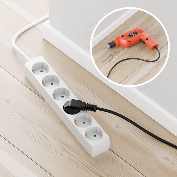 6-veis innendørsplugg med flatstift, flush-kontaktplugg med 5m kabel, solid plasthus, hvit