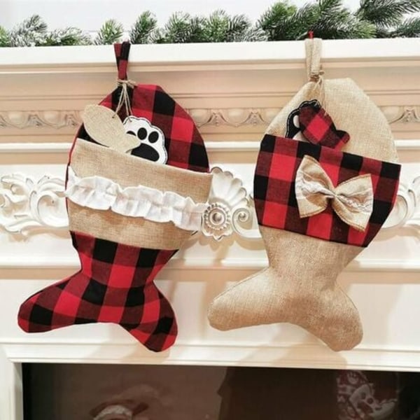 Jule-Strømpe for Katter i Burlap Rutete Design - Hengende Fiskestrømper for Peis, Juletre, Juledekorasjon