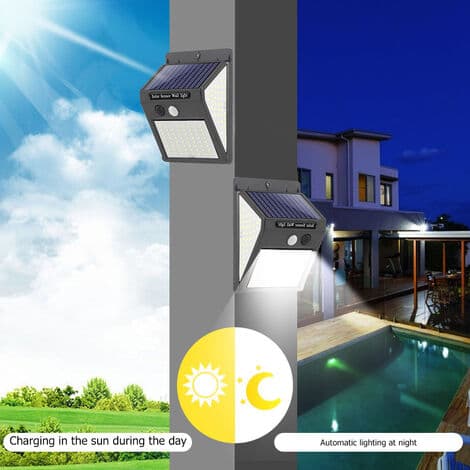 4 stk 140 LED Solcelle Vanntette Utendørs Vegglys PIR Bevegelsessensor Hage Terrasse