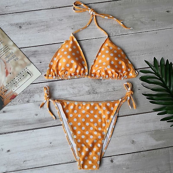 Kvinnlig Sexig Bikini Tanga Set Vadderad Push Up Baddräkt Sommar Strand Badkläder Polka Dot Yellow M