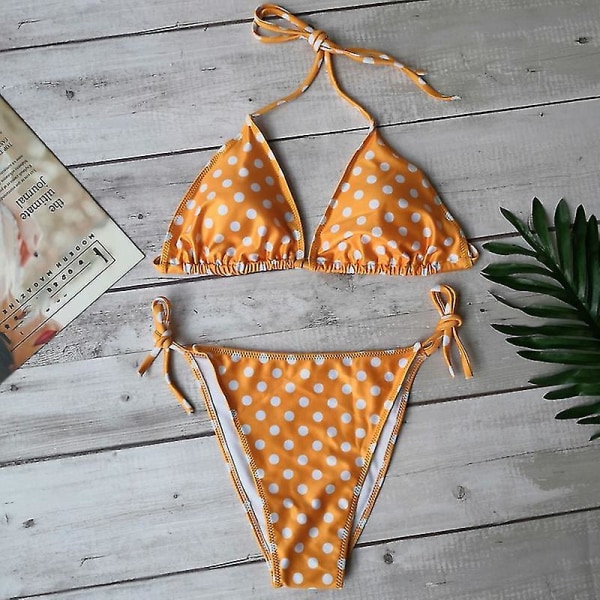 kvinnor Sexig Bikini String Set Vadderad Push Up Badkläder Sommar Beach Baddräkt Polka Dot Yellow M