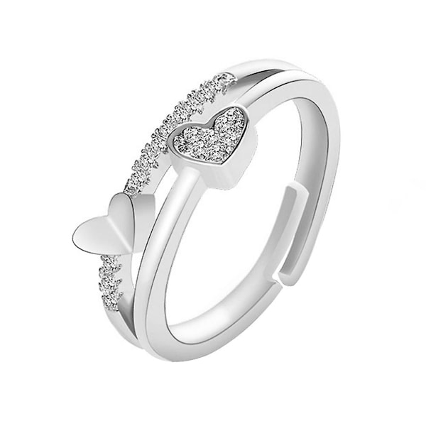 Kvinners Mote Rhinestone Inlagt Dobbelt Hjerte Hul Bånd Åpning Ring Smykker Silver