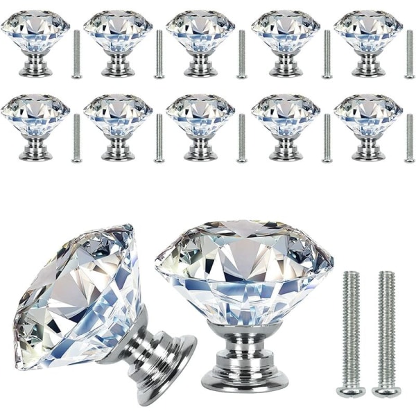 12 delar Crystal Dörrknoppar Handtag Knoppar 30mm, Lådhandtag Diamant Låddörr Skåpknopp Transparent med skruvar