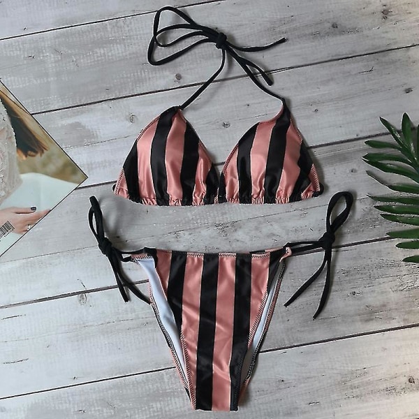 Kvinnlig Sexig Bikini Tanga Set Vadderad Push Up Baddräkt Sommar Strand Badkläder Striped Black Brown L