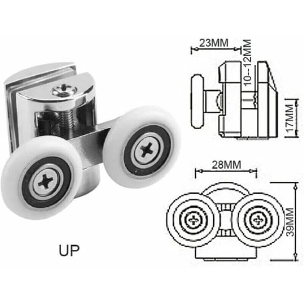 Sæt med 4 dobbeltruller - til skydedøre til brusenicher, 2 x 23 mm diameter zinklegeringshjul til badeværelset
