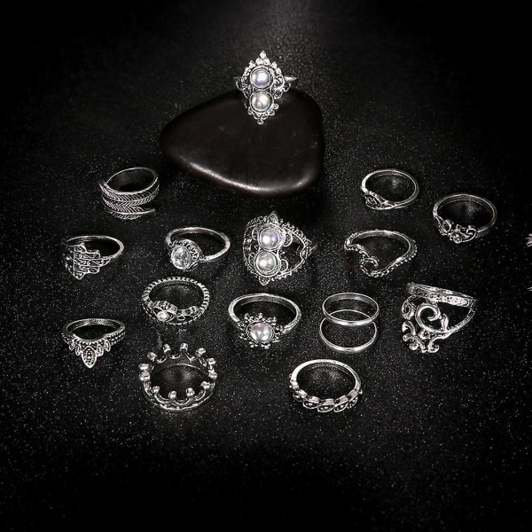 16-delars set Retro Boho Hamsa Hand Crown Finger Midi Knuckle Stackningsringar Smycken