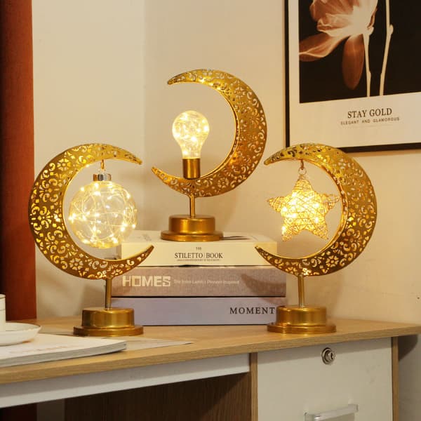 1 stk. gull retro måne stjerne bordlampe, metallramme sai måne