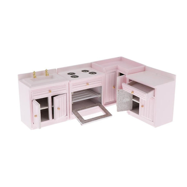 Miniatyyri Nukkekoti Keittiökalusteet, 1/12 Puinen Keittokaappi Uuni Pesualtaan Mallisetti, Toimivilla Ovilla, Nukkekoti Koristeiden Sarja
