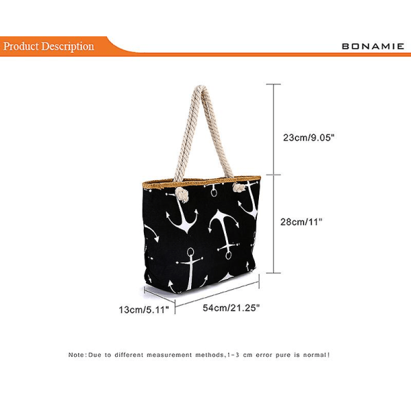 Strand Smile Canvas Tote Bag Damer Anker Halm Stor Strandtaske Bådsejlads A916-125 Black