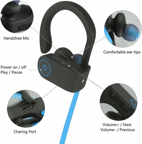 Blå Bluetooth-hörlurar, sportörhängen, IPX7