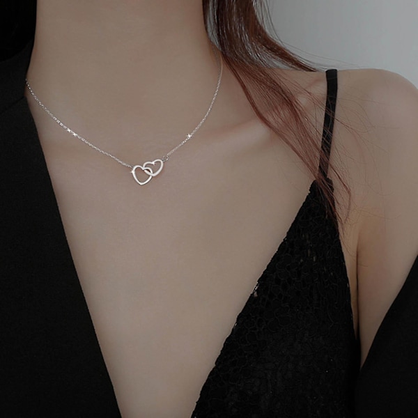 Halsband för damer i legering med persikaformade hjärtan, dubbelt hjärta, kärlekshalsband i silver