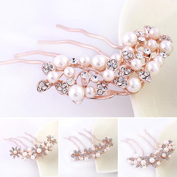 Legering Fire Tænders Hårkam Rhinestone Perle Tilbehør Brudekjole Hovedbeklædning D