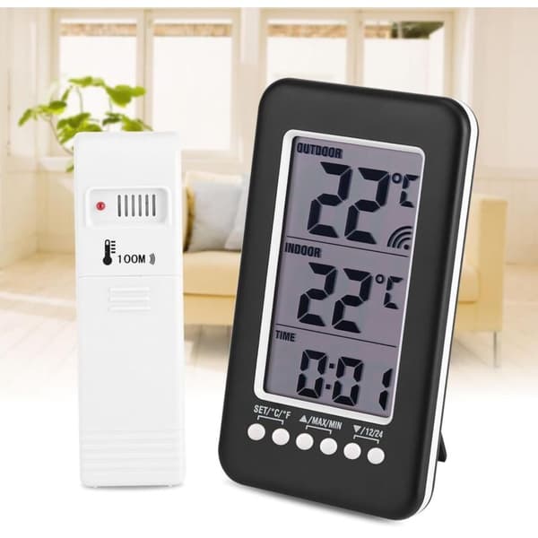 Trådløst indendørs/udendørs termometer – Digitalt LCD-display – Rækkevidde -40 til 70 °C – Digitalt ur – Væg- og bordmontering