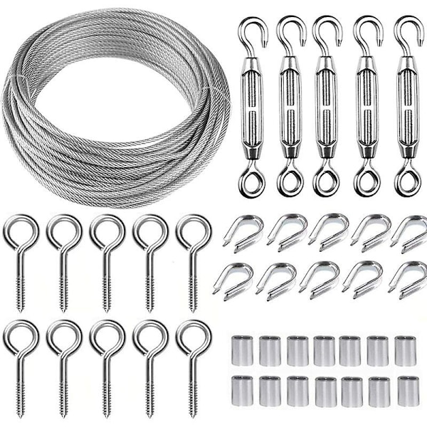 30m/2mm rustfritt stål wire tausett med M5 kraftig wire strammer, gjerde wire rull sett, kabel rekkverk sett, hage wire strammer for klatring