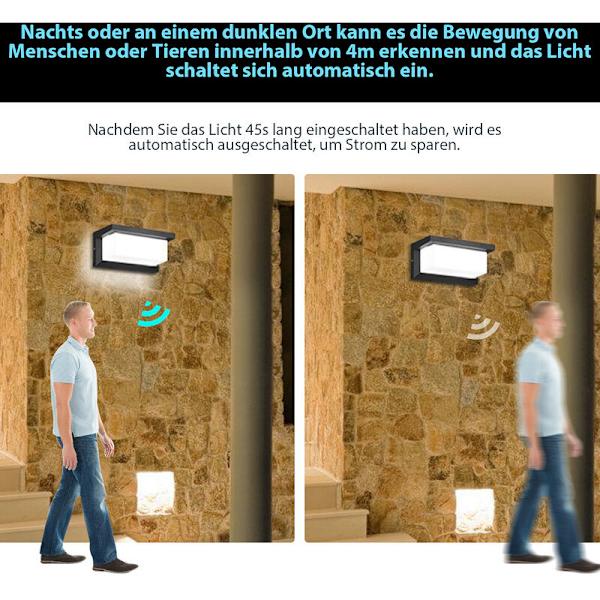 Hengda LED-seinävalaisin 18W anturi LED IP65 ulkovalaistus liiketunnistimella terassit puutarhat kylmä valkoinen - musta, ind