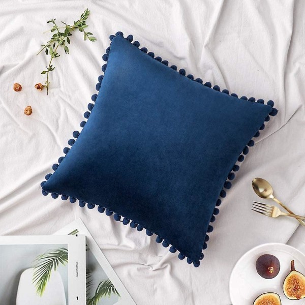 2-pack Sammetskuddfodral med Pompom Dekorativa Kuddfodral Solida Mjuka Kuddfodral med Pompoms Kvadratiska för Soffa Sovrum Bil 18x18 tum Da 20 x20 Navy Blue