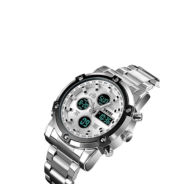 Herreklokke i rustfritt stål, vanntett analog og digital armbåndsur J3743 - 48 mm - Sølv