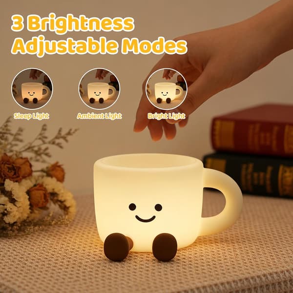 Silikone Kaffekop Natlampe med 7 Lysskift, Trykstyring, 3 Lysstyrkeniveauer, USB Genopladelig, Timerfunktion, Sengelampe