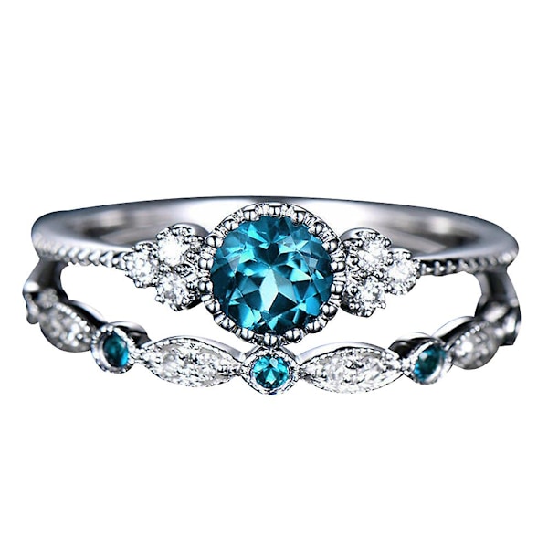 2 stk./sæt Kvinders Runde Cubic Zirconia Indlagte Bryllupsringe Smykker Gave Light Blue US 7