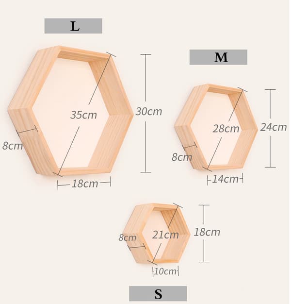Solid trevegg hylle display rack, honeycomb sekskantet form (liten, logg)