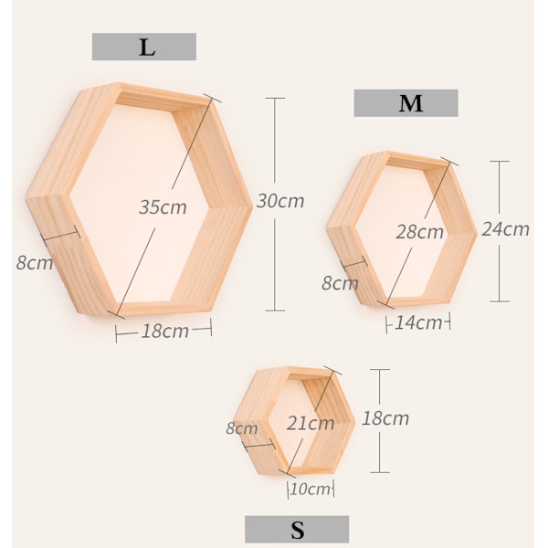 Solid trevegg hylle display rack, honeycomb sekskantet form (medium, logg)