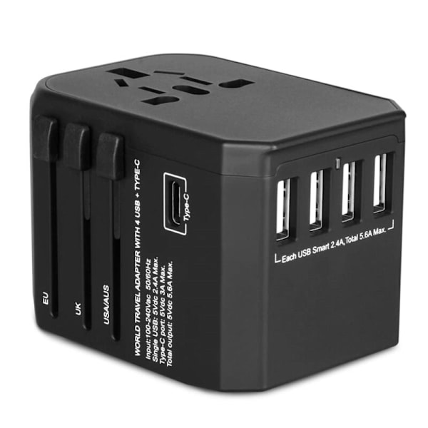 Universal pluggadapter, reiseplugg, universal reiseadapter med 4 USB-porter + 3.0A Type-C hurtiglading, internasjonal adapter
