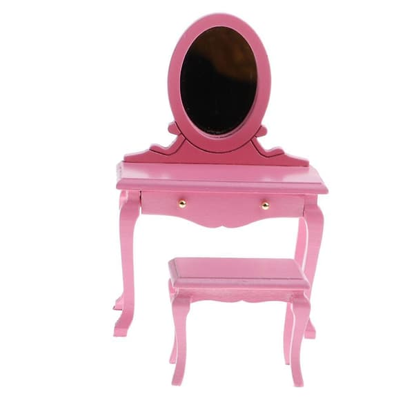 1/12 Dockhus Miniatyr Möbel Sovrum Rosa Trä Sminkbord Och Pall Set Pink