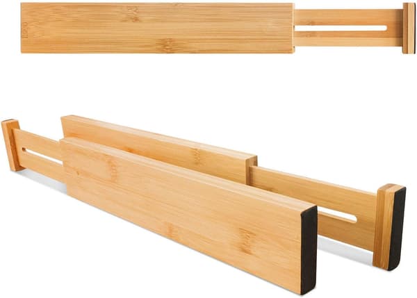 Set med 4 justerbara lådavdelare i bambu, expanderbar låda