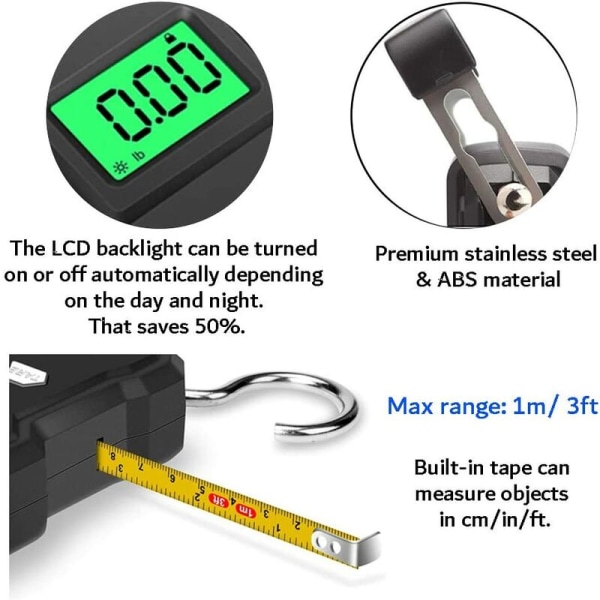 Fiskevekt 165lb / 75kg Hengevekt for Bagasje, Bagasjevekt med Bakgrunnsbelyst LCD, Målebånd