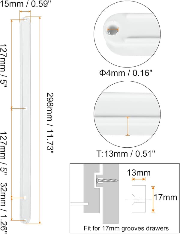 Skuffeskinner, 8 stk. 300 mm - Plastskuffeskinner, sidemonterede rillede styreskinner til møbelskuffer (hvid)