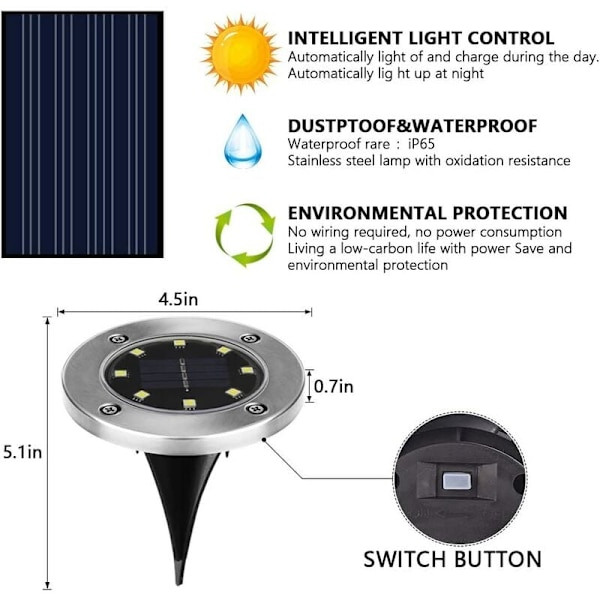 Solcelled Udendørs Lys, 4 Pak: 8 LED Solcelled Havelys 3000K Varmt Hvid Vandafvisende IP65, Udendørs Solcelled Lys