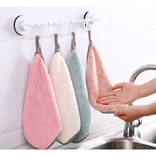 5 Set Hemhängande Korallfleece Tjocka Tyger, Dubbelsidiga Köksrengöringsdisktrasor, Handdukar (Rosa Grön)