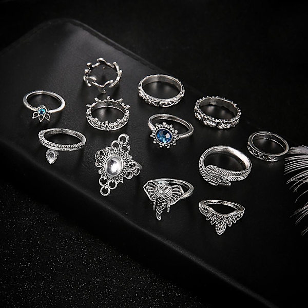 12 st Vintage Boho Faux Gemstone Rhinestone Smycken Knuckle Stacking Ringar