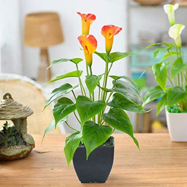 Kunstig Blomst Rød Orange Calla Lily Lille Kunstig Potteplante med Falsk Bonsai i Sort Potte Velegnet til Hjem, O