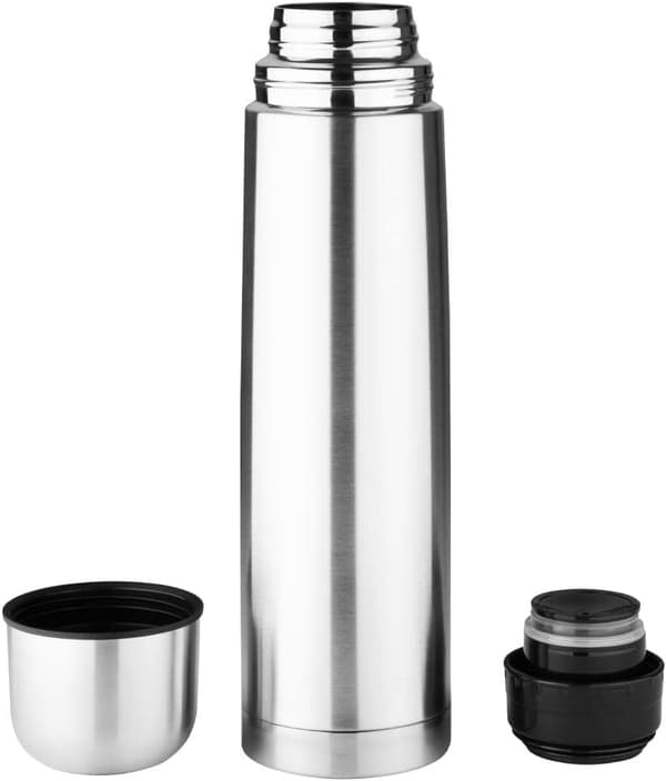 Isolerad vattenflaska i rostfritt stål, 1 liter, silver, lock som fungerar som mugg, läckagesäkert låslock