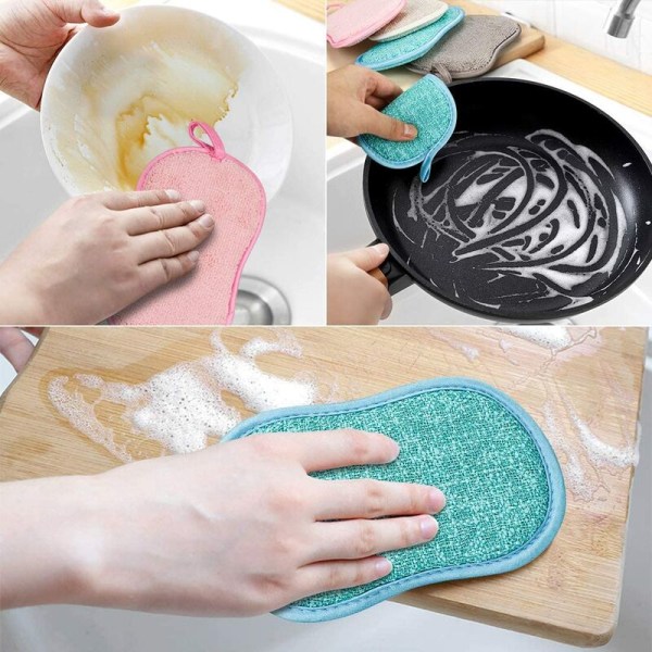 Washable Dish Sponge The Kitchen Antibacterial Reusable Microfiber Scouring Pads Sponge Double Sponge(4pcs Sponge)