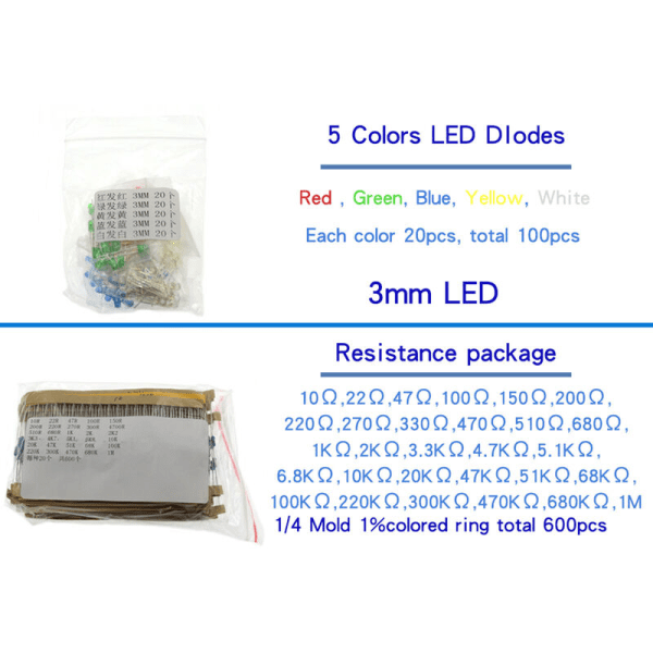 1390 st motståndssats, LED, diodkristall, kondensator, motstånd, keramiskt chip