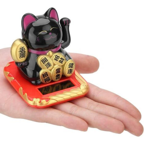 Solcelledrevet lykkekat med vinkende arm - Maneki Neko - Lykkebringende velkomstfigur til dekoration af hjem, bil, venner og gaver (sort)