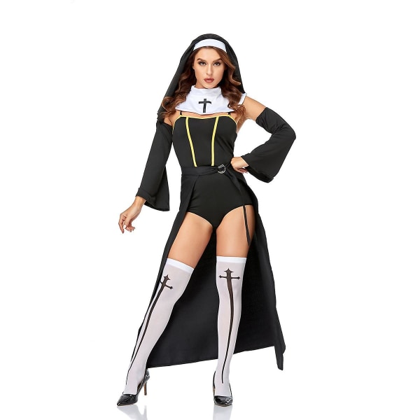 Halloween Karneval Cosplay Nun Kostym Outfit Dräkt För Vuxna Kvinnor Kyrka Missionär Syster Uniform M