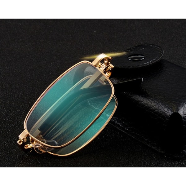Guldbåge anti-blått ljus långt och nära dubbel användning med läderlåda bärbar hopfällbar högupplöst anti-blått ljus läsglasögon 150 grader