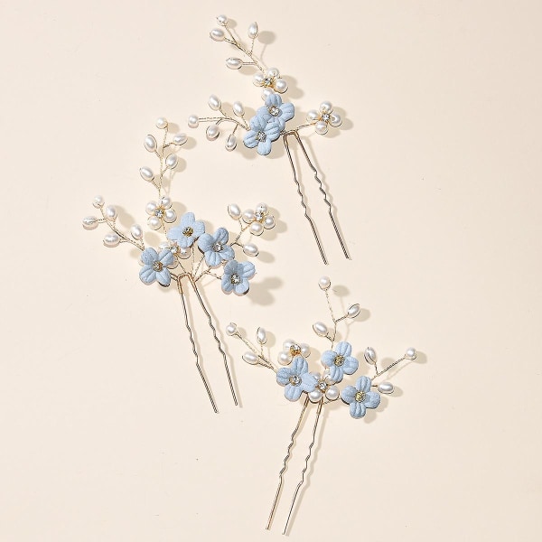 3 st blå blomma U-formade hårnålar Pärla Elegant huvudbonad för bröllop Brud Kvinnor Hår Smycken
