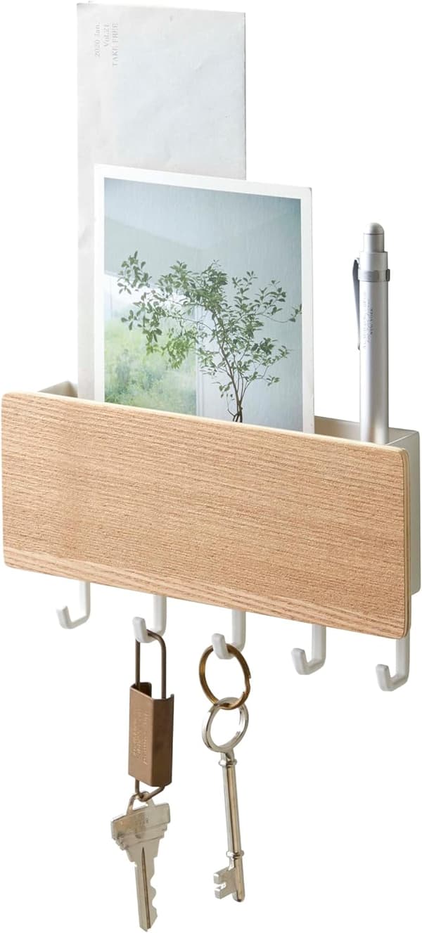Beige Magnetisk Väggfäste med Krokar och Stål + Träbricka -