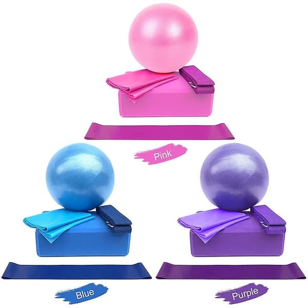 5-delt yogasæt med yogabold + yogablok + elastik + strækbånd + modstandsring Blue