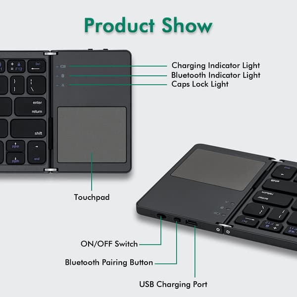 Trådlöst Bluetooth ultratunt tri-fold tangentbord Gray Upgraded Version