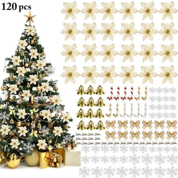 Julgransprydnad, 24 st 5,91 tum konstgjorda glitterblommor julblommor med 12 st rosetter 12 st klocka 36 st snö